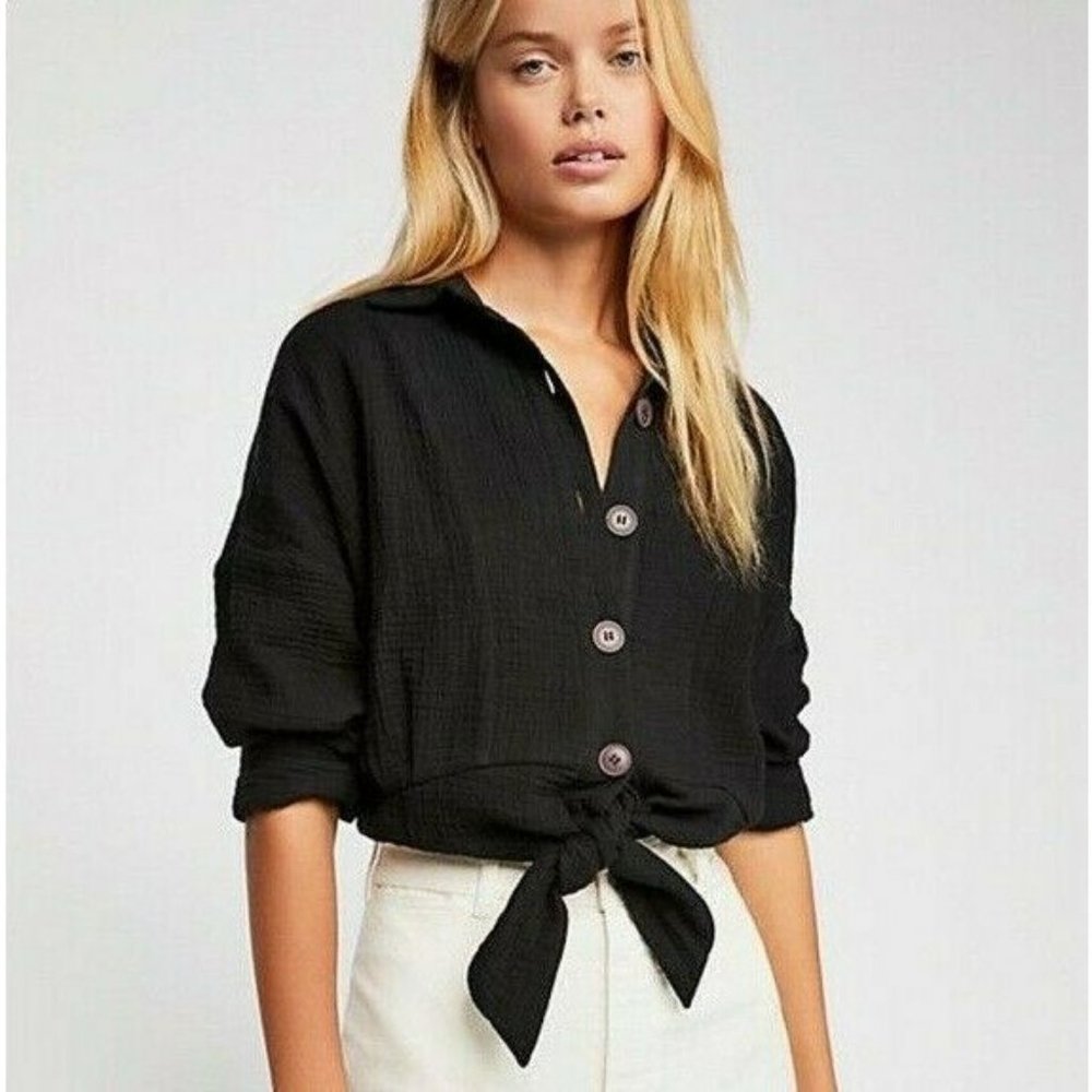 Free People Sunstreaks Tie Front Blouse Black